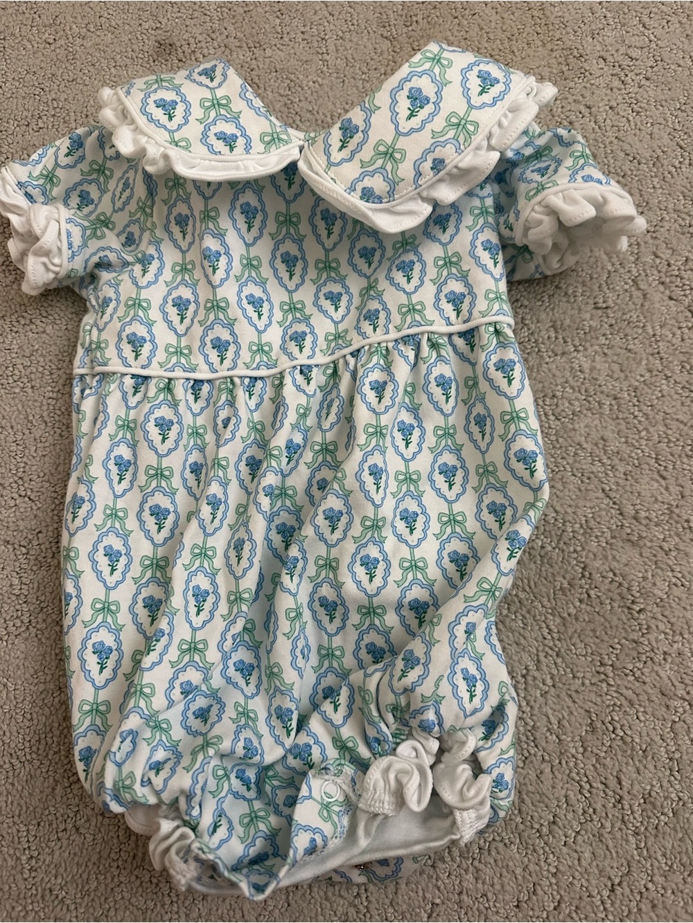 White Baby One-Piece Romper with Blue & Green Floral Print